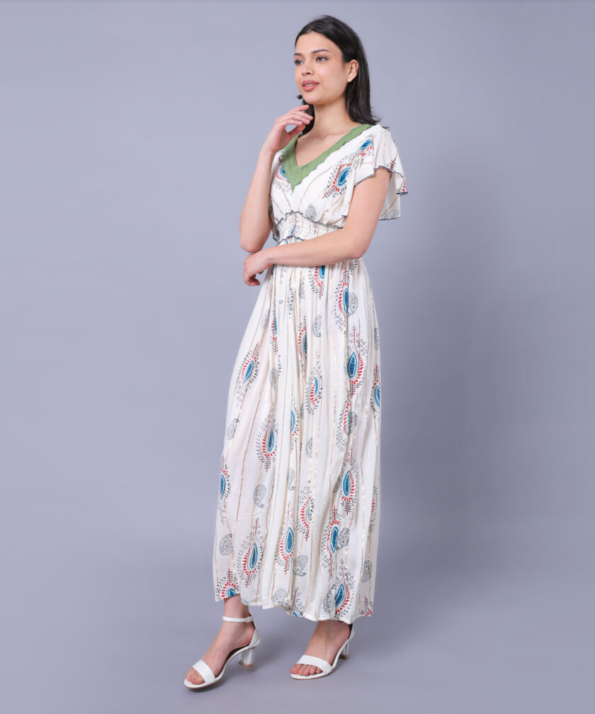 Mihas Women's Floral Print Western Dress, V-Neck White Sky Blue Lace Trim, Flutter Sleeves, Empire Waist, White - Image 4