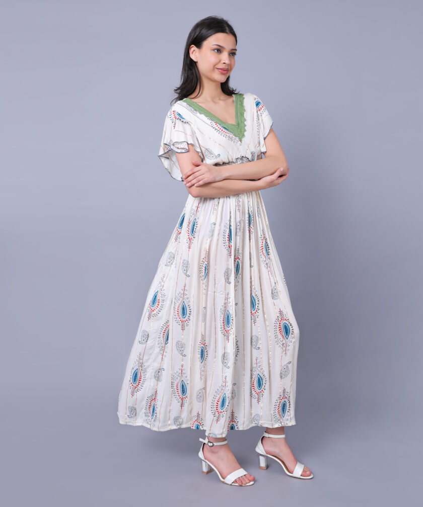 Mihas Women's Floral Print Western Dress, V-Neck White Sky Blue Lace Trim, Flutter Sleeves, Empire Waist, White - Image 6