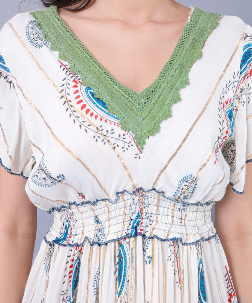 Mihas Women's Floral Print Western Dress, V-Neck White Sky Blue Lace Trim, Flutter Sleeves, Empire Waist, White - Image 2
