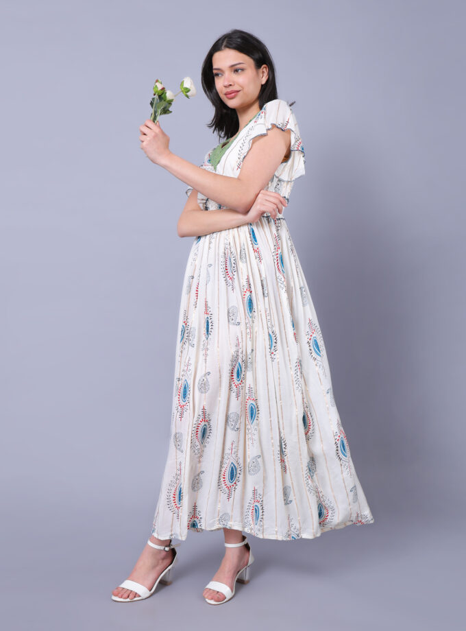 Mihas Women's Floral Print Western Dress, V-Neck White Sky Blue Lace Trim, Flutter Sleeves, Empire Waist, White