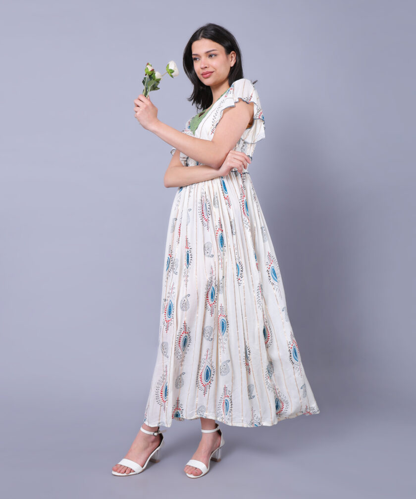 Mihas Women's Floral Print Western Dress, V-Neck White Sky Blue Lace Trim, Flutter Sleeves, Empire Waist, White