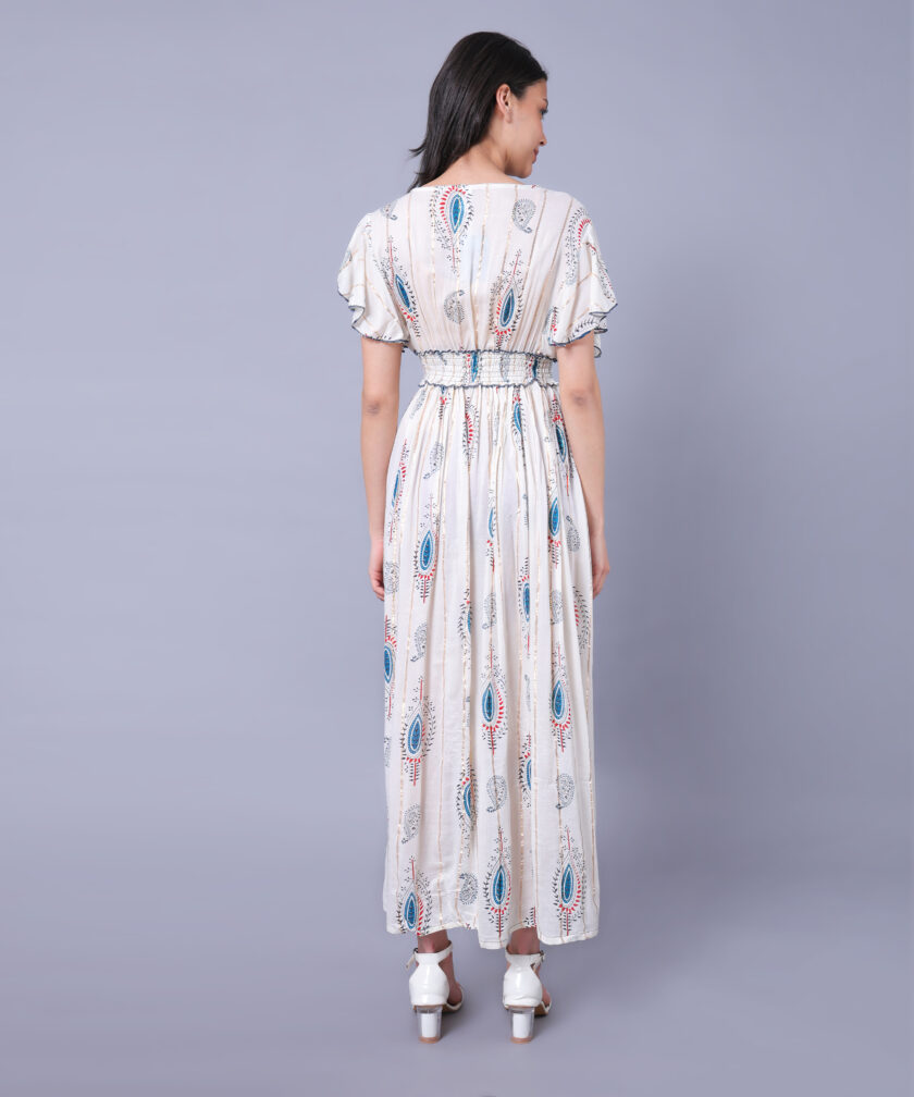 Mihas Women's Floral Print Western Dress, V-Neck White Sky Blue Lace Trim, Flutter Sleeves, Empire Waist, White - Image 3