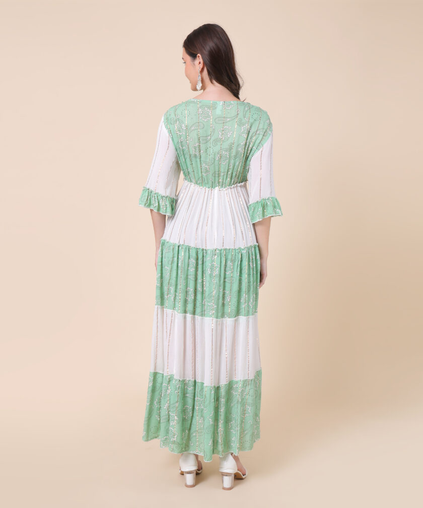 Mihas Women's Tiered Maxi Dress, V-Neck with Tassel Tie, 3/4 Bell Sleeves - Image 3