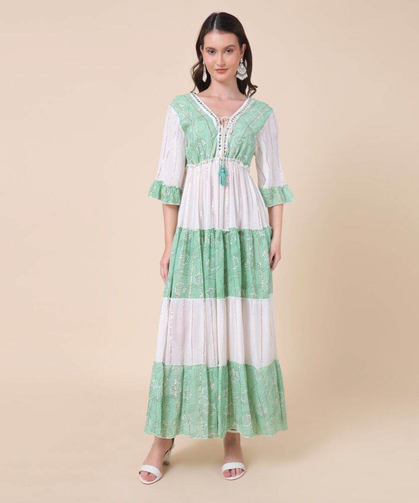 Mihas Women's Tiered Maxi Dress, V-Neck with Tassel Tie, 3/4 Bell Sleeves - Image 5