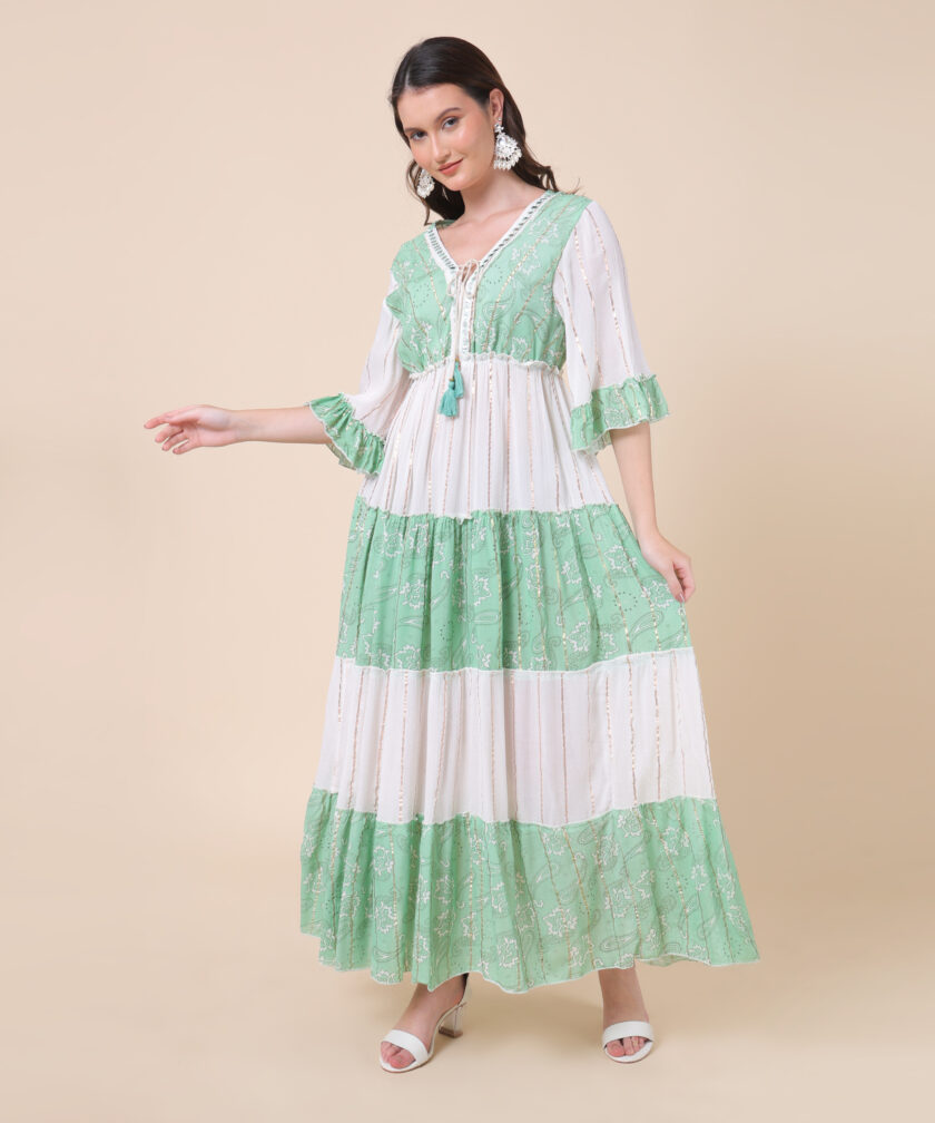 Mihas Women's Tiered Maxi Dress, V-Neck with Tassel Tie, 3/4 Bell Sleeves - Image 4