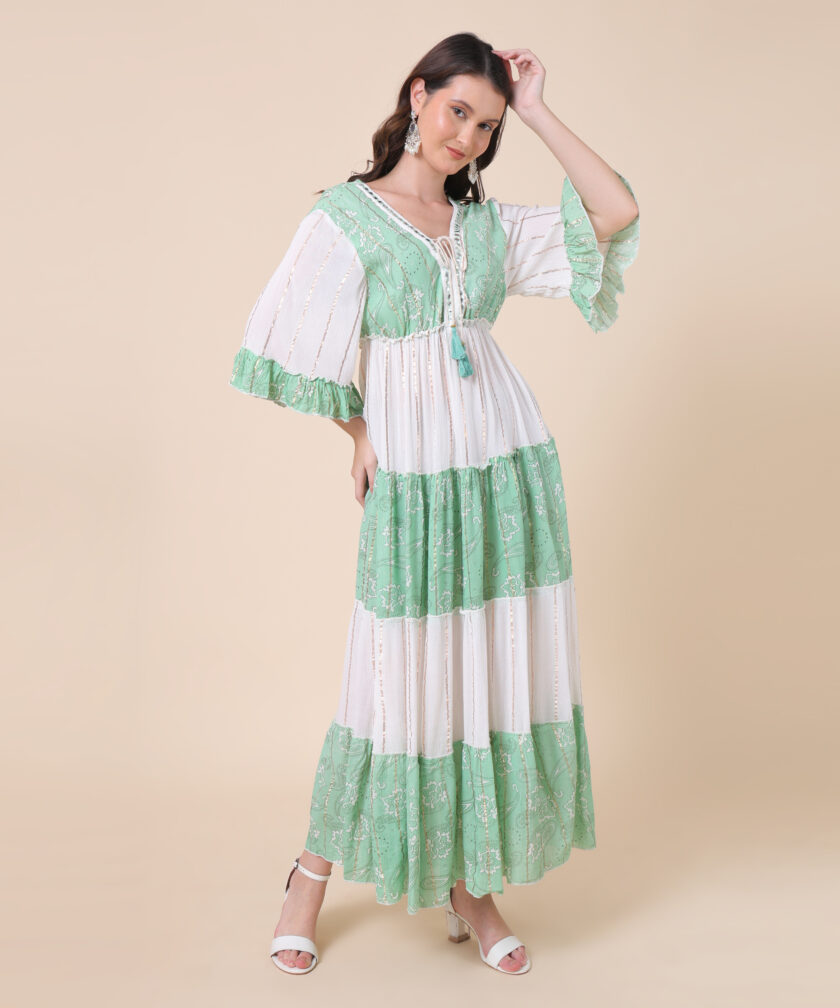 Mihas Women's Tiered Maxi Dress, V-Neck with Tassel Tie, 3/4 Bell Sleeves - Image 6