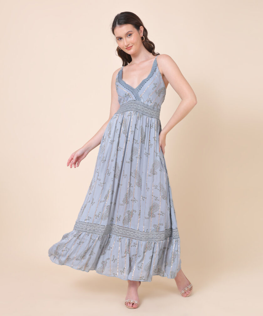 Mihas Floral Print Maxi Dress, V-Neck, Crochet Detail, Sleeveless - Image 4