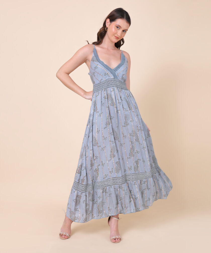 Mihas Floral Print Maxi Dress, V-Neck, Crochet Detail, Sleeveless - Image 5