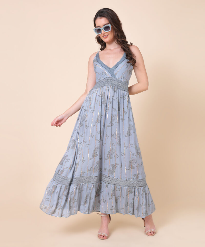 Mihas Floral Print Maxi Dress, V-Neck, Crochet Detail, Sleeveless