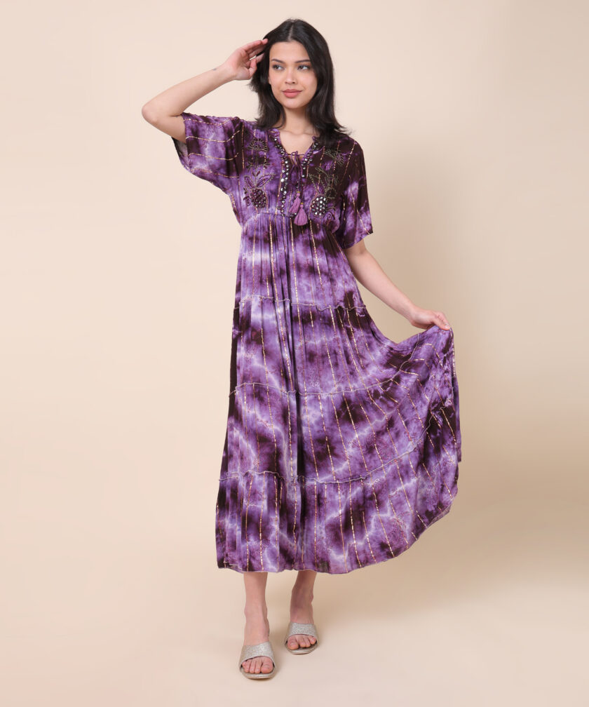 Elegant Maxi Dress with tie-dye Pattern, Featuring Metallic Accents and a Tiered Skirt Design - Image 6