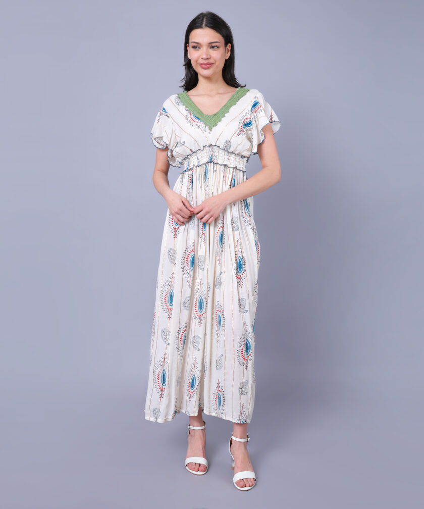 Mihas Women's Floral Print Western Dress, V-Neck White Sky Blue Lace Trim, Flutter Sleeves, Empire Waist, White - Image 5