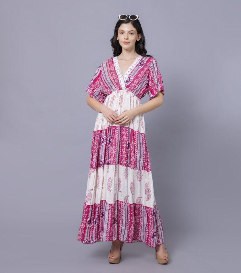 Mihas Floral Print Tiered Western Dress, V-Neck, Short Puff Sleeves - Image 6