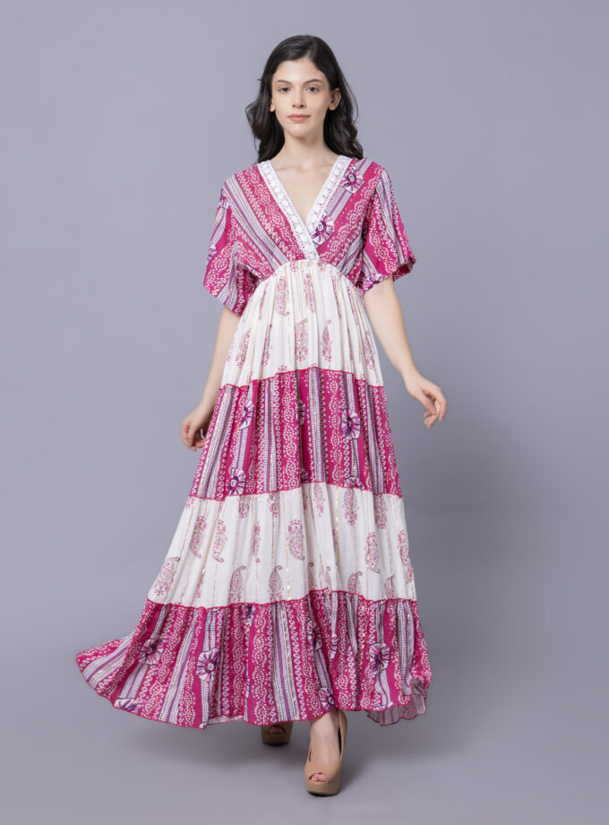 Mihas Floral Print Tiered Western Dress, V-Neck, Short Puff Sleeves