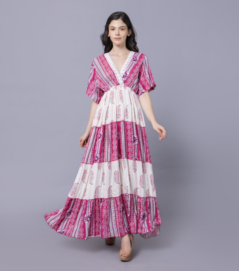 Mihas Floral Print Tiered Western Dress, V-Neck, Short Puff Sleeves