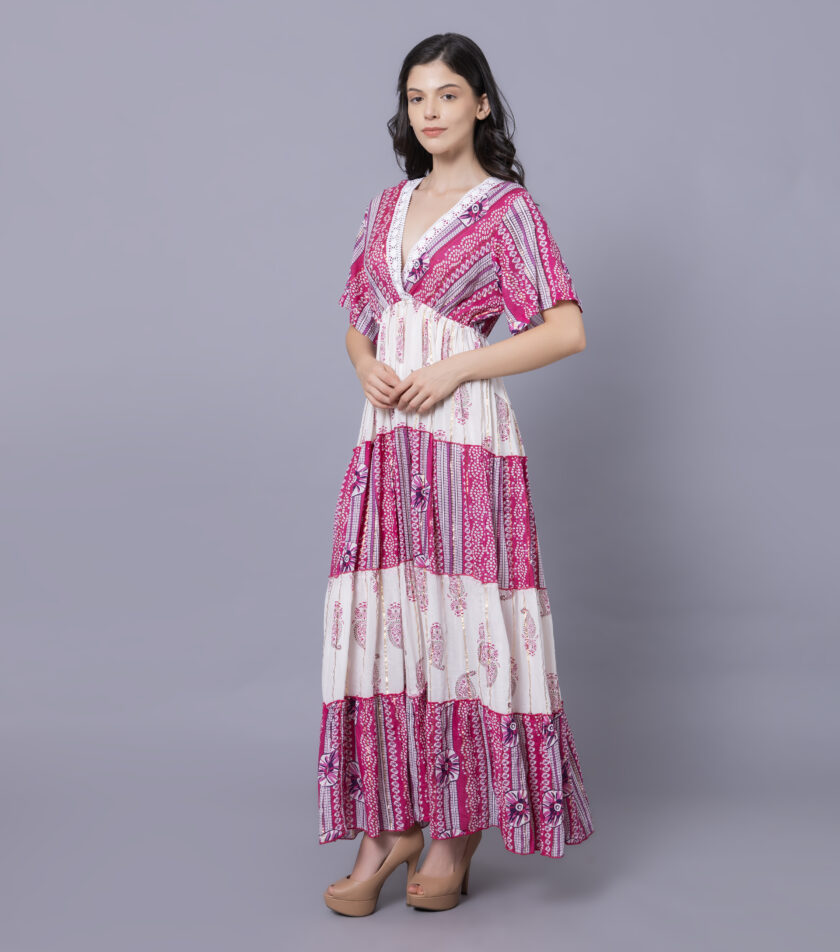 Mihas Floral Print Tiered Western Dress, V-Neck, Short Puff Sleeves - Image 5
