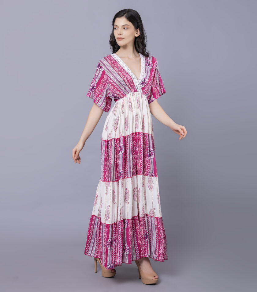 Mihas Floral Print Tiered Western Dress, V-Neck, Short Puff Sleeves - Image 4
