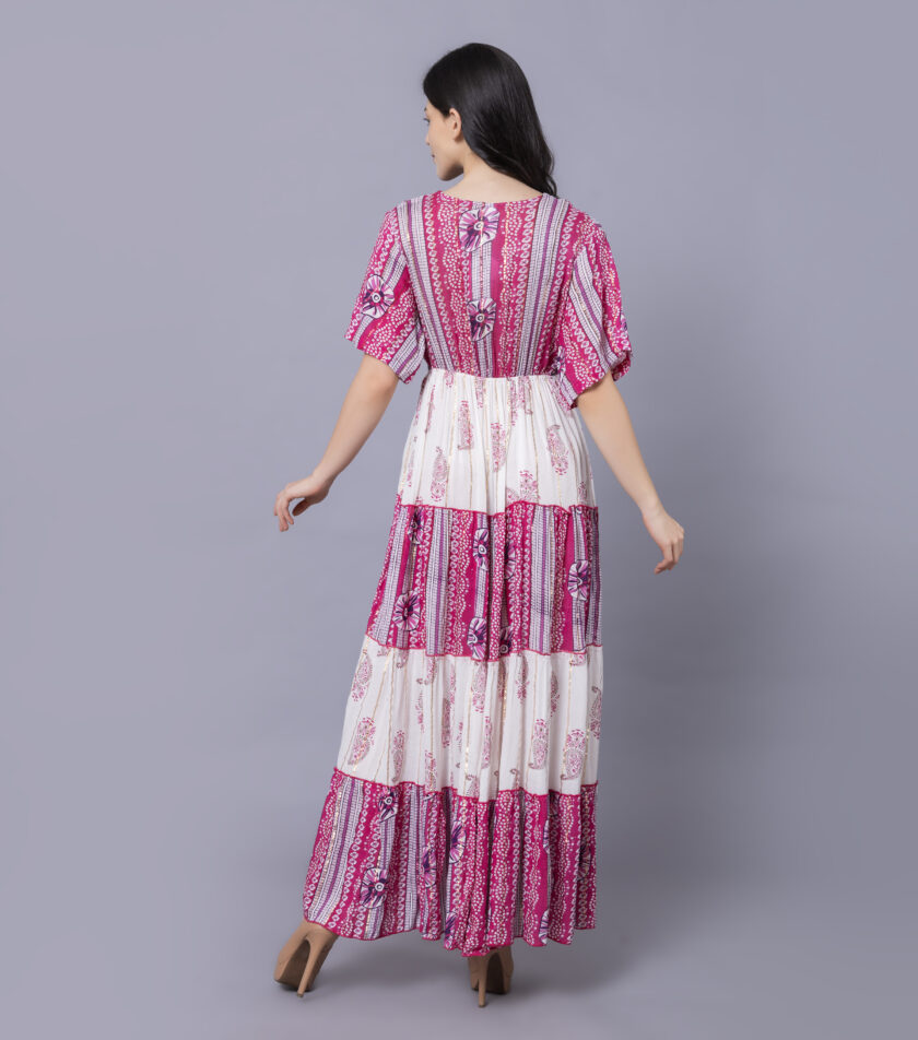Mihas Floral Print Tiered Western Dress, V-Neck, Short Puff Sleeves - Image 3