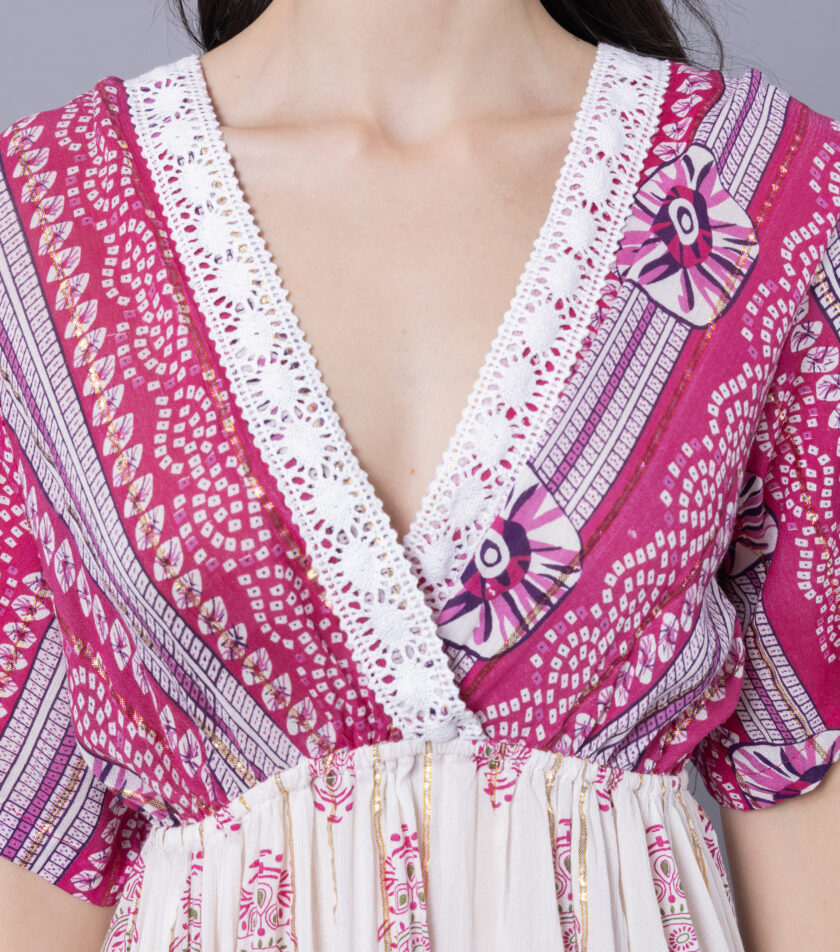 Mihas Floral Print Tiered Western Dress, V-Neck, Short Puff Sleeves - Image 2