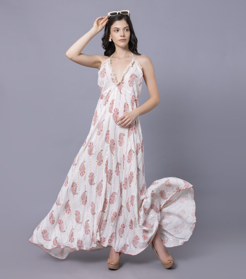 Mihas Floral Print Maxi Dress, Back Less V-Neck, Lace Trim, Halter Style Pattern