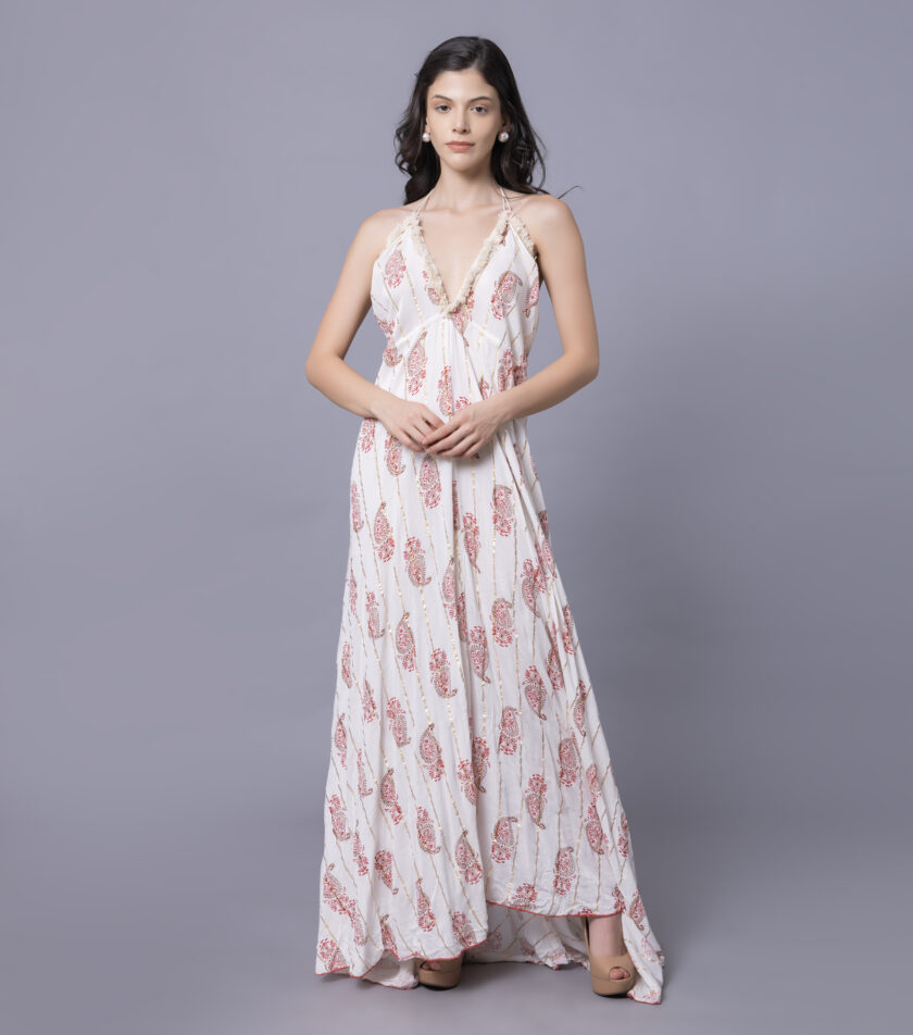Mihas Floral Print Maxi Dress, Back Less V-Neck, Lace Trim, Halter Style Pattern - Image 4
