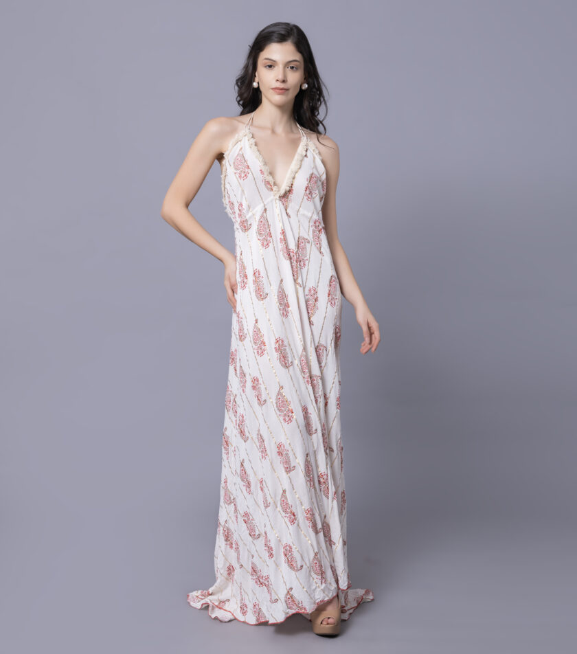 Mihas Floral Print Maxi Dress, Back Less V-Neck, Lace Trim, Halter Style Pattern - Image 5