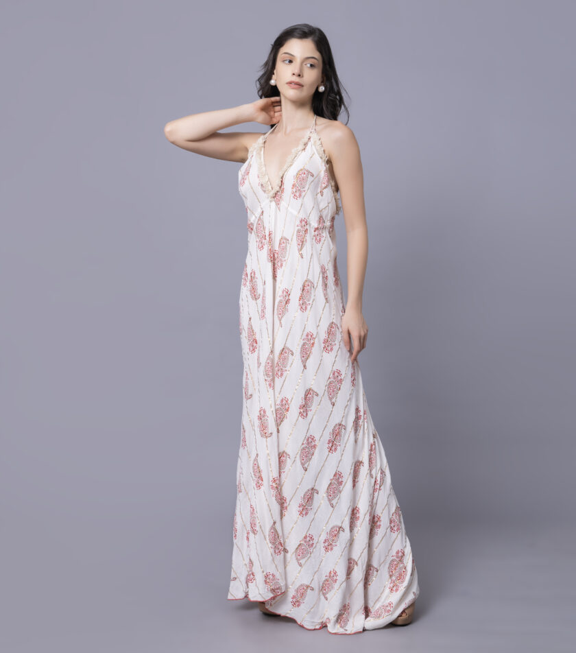 Mihas Floral Print Maxi Dress, Back Less V-Neck, Lace Trim, Halter Style Pattern - Image 6