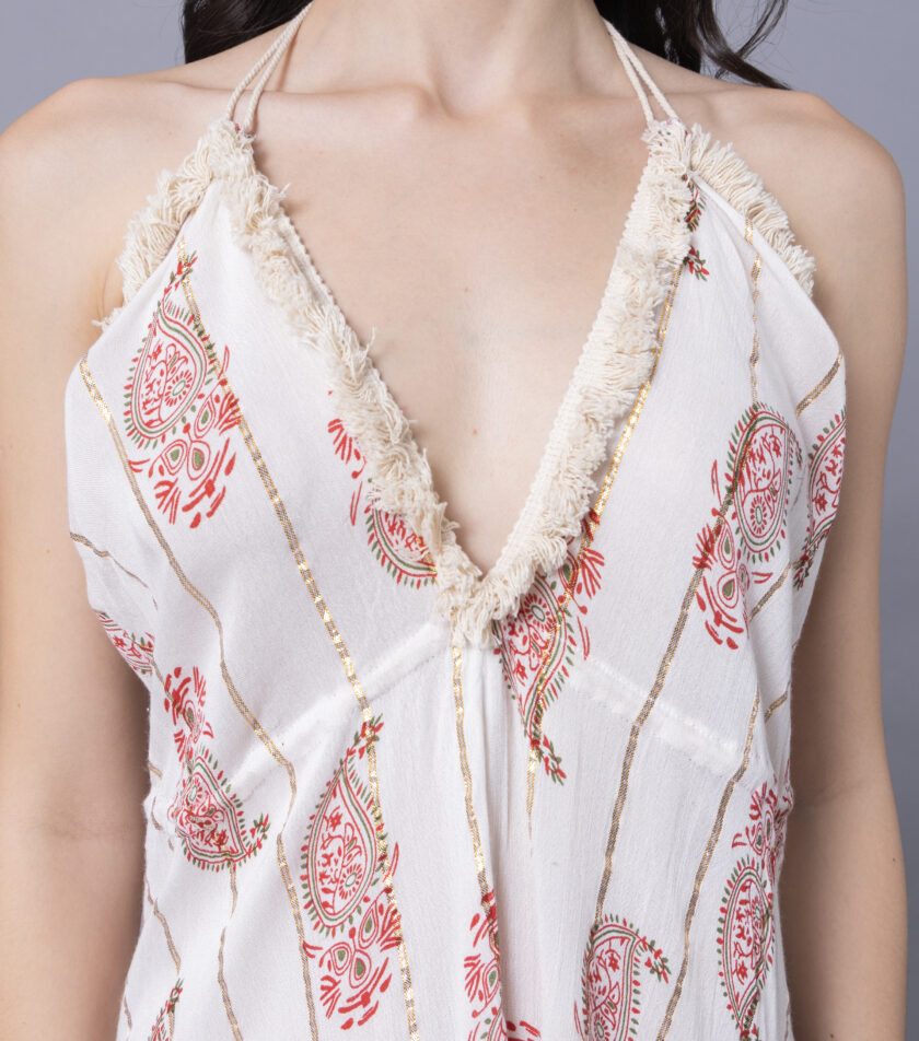 Mihas Floral Print Maxi Dress, Back Less V-Neck, Lace Trim, Halter Style Pattern - Image 2