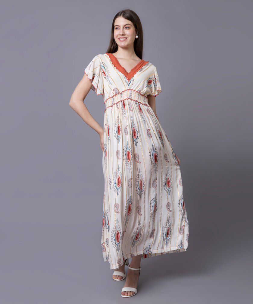 Mihas Women's Floral Print Western Dress, V-Neck Orange Lace Trim, Flutter Sleeves, Empire Waist, White - Image 4