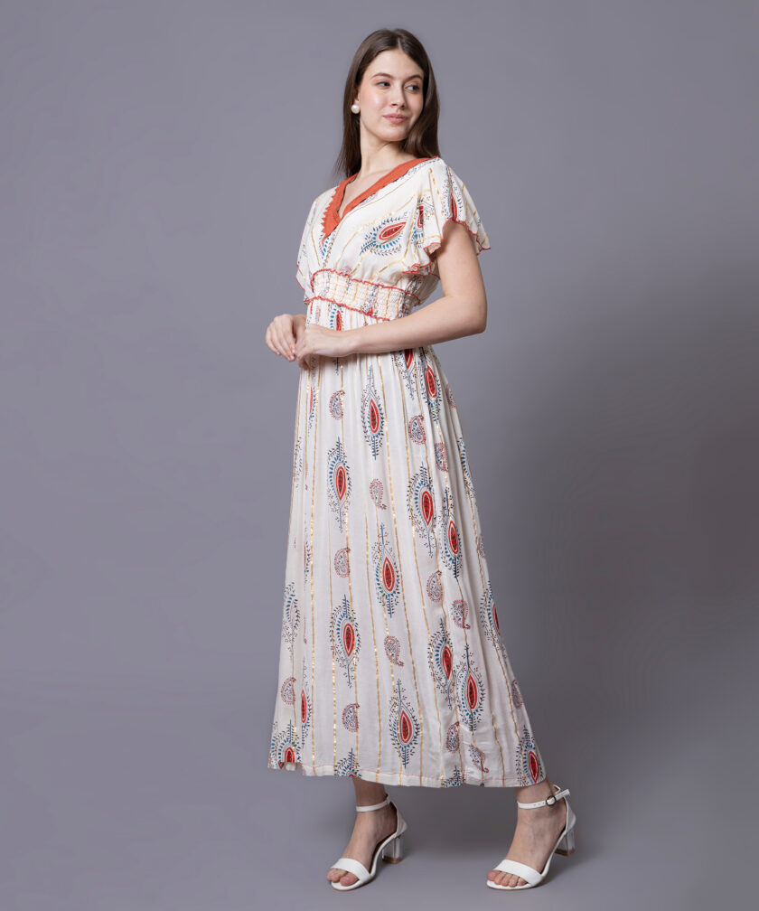 Mihas Women's Floral Print Western Dress, V-Neck Orange Lace Trim, Flutter Sleeves, Empire Waist, White - Image 5