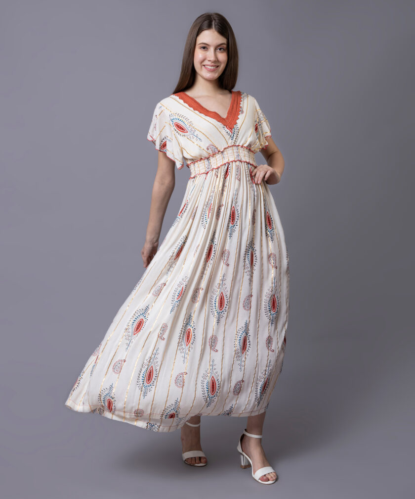 Mihas Women's Floral Print Western Dress, V-Neck Orange Lace Trim, Flutter Sleeves, Empire Waist, White - Image 6