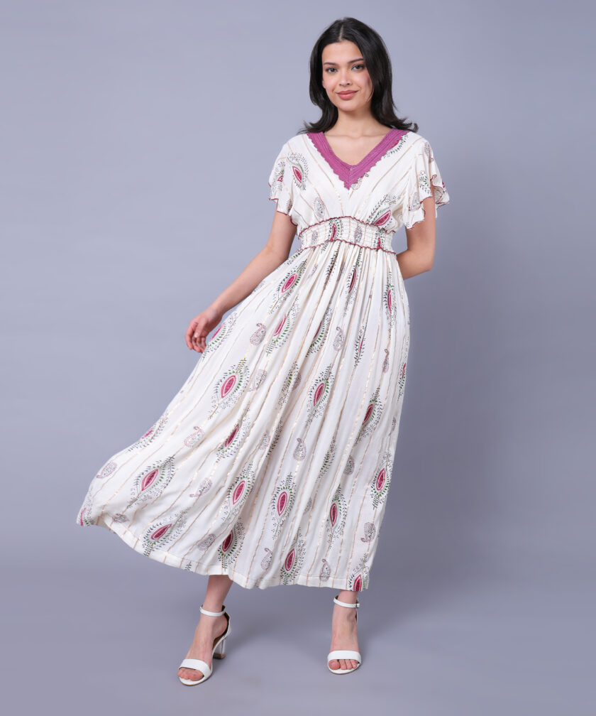 Mihas Women's Floral Print Western Dress, V-Neck Purple Lace Trim, Flutter Sleeves, Empire Waist, White - Image 6