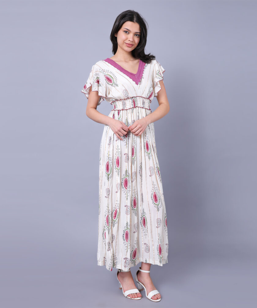 Mihas Women's Floral Print Western Dress, V-Neck Purple Lace Trim, Flutter Sleeves, Empire Waist, White - Image 5