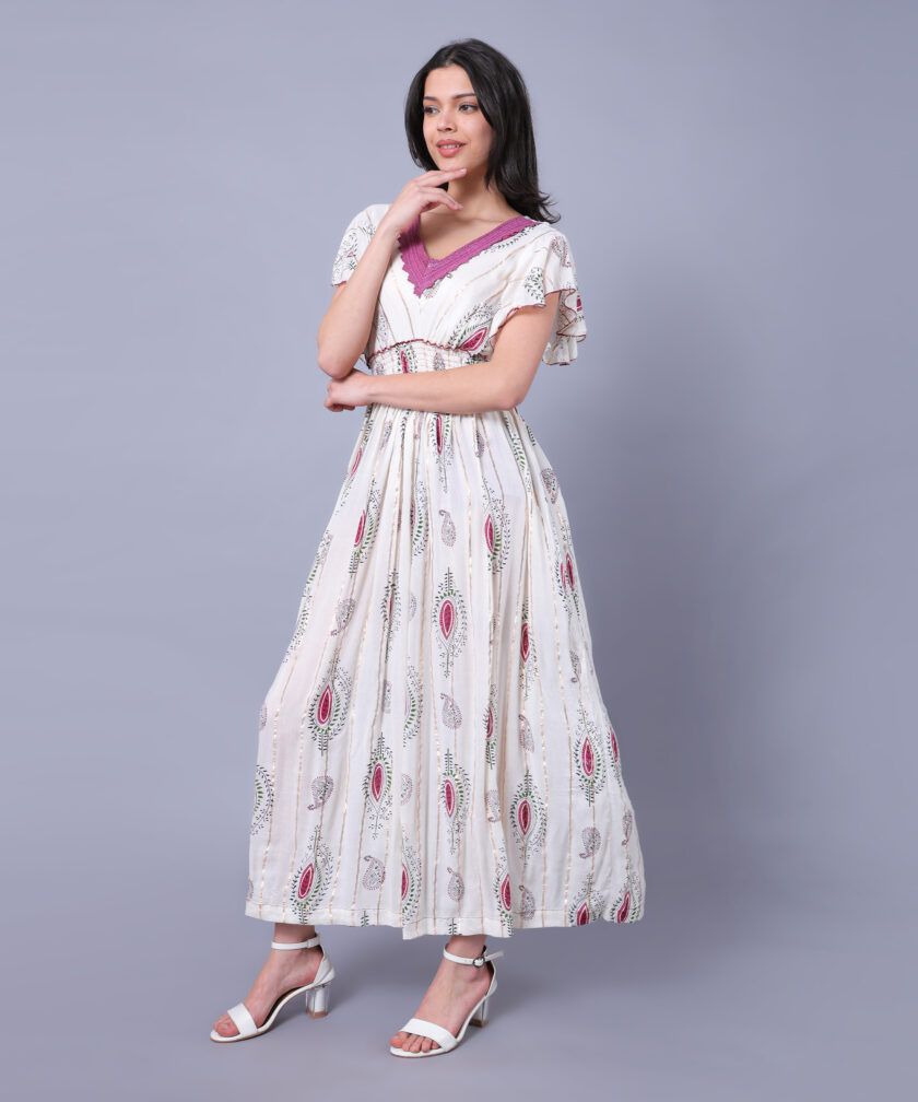 Mihas Women's Floral Print Western Dress, V-Neck Purple Lace Trim, Flutter Sleeves, Empire Waist, White