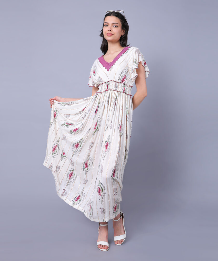 Mihas Women's Floral Print Western Dress, V-Neck Purple Lace Trim, Flutter Sleeves, Empire Waist, White - Image 4