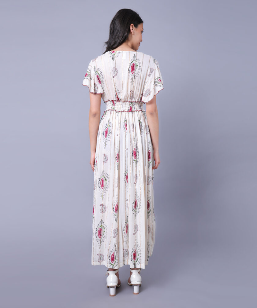 Mihas Women's Floral Print Western Dress, V-Neck Purple Lace Trim, Flutter Sleeves, Empire Waist, White - Image 3