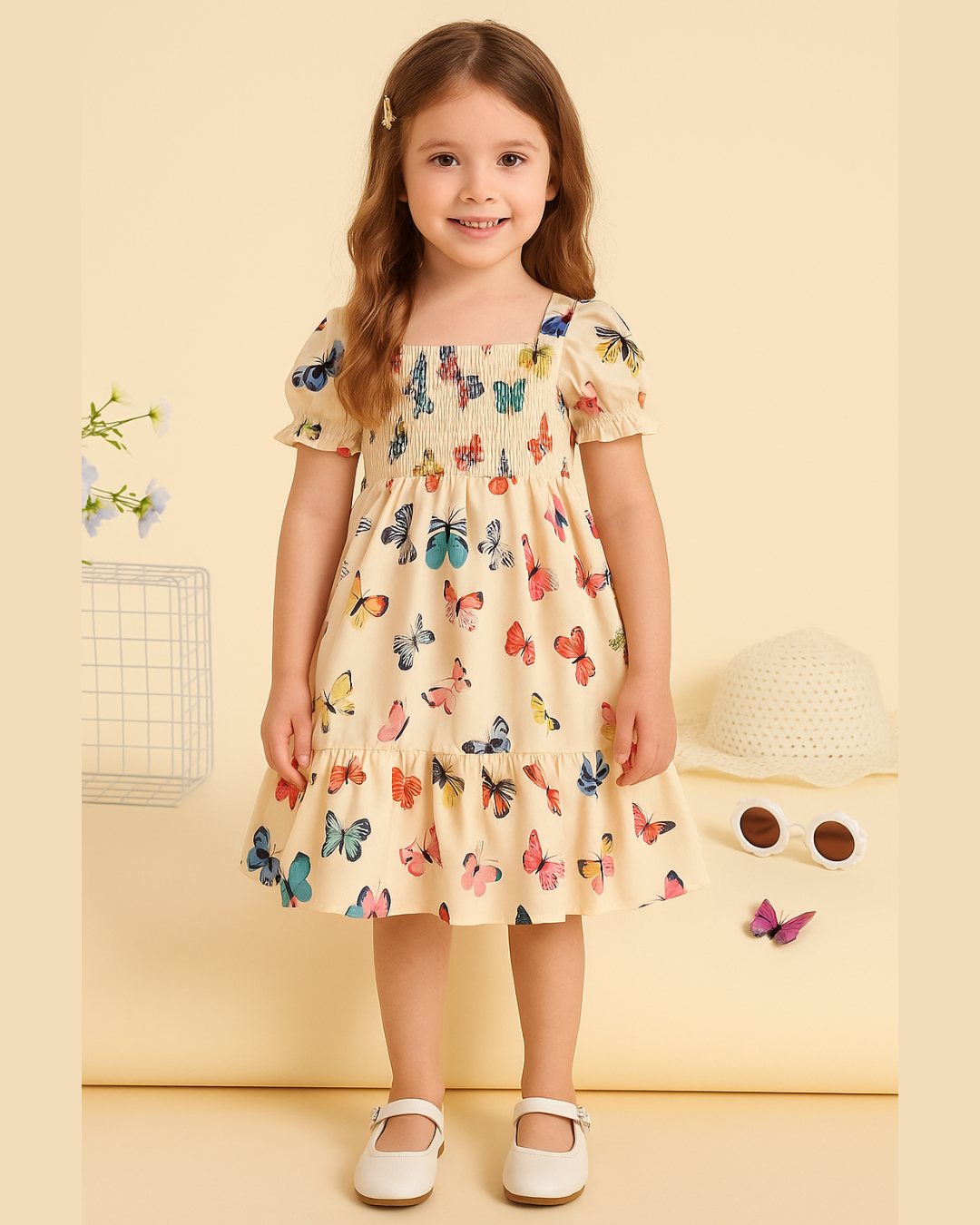Mihas Off-White Color Butterfly Printed Short Sleeve Kids Dress - Image 2
