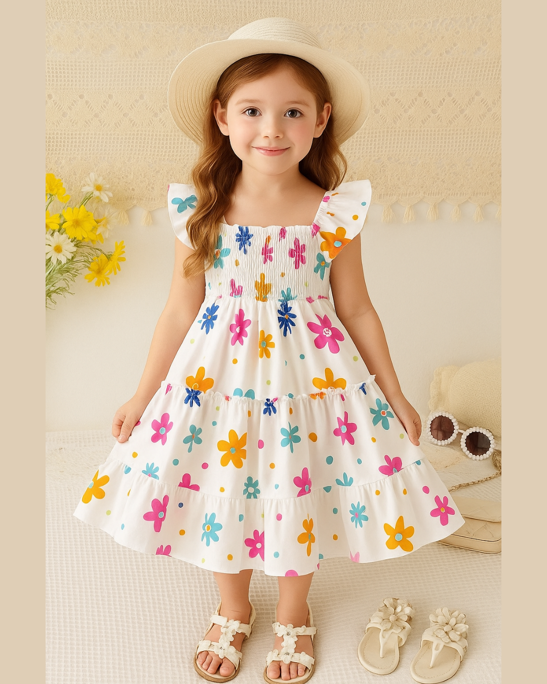 Mihas White Color Floral Printed Flared Sleeve Kids Baby Frock - Image 2
