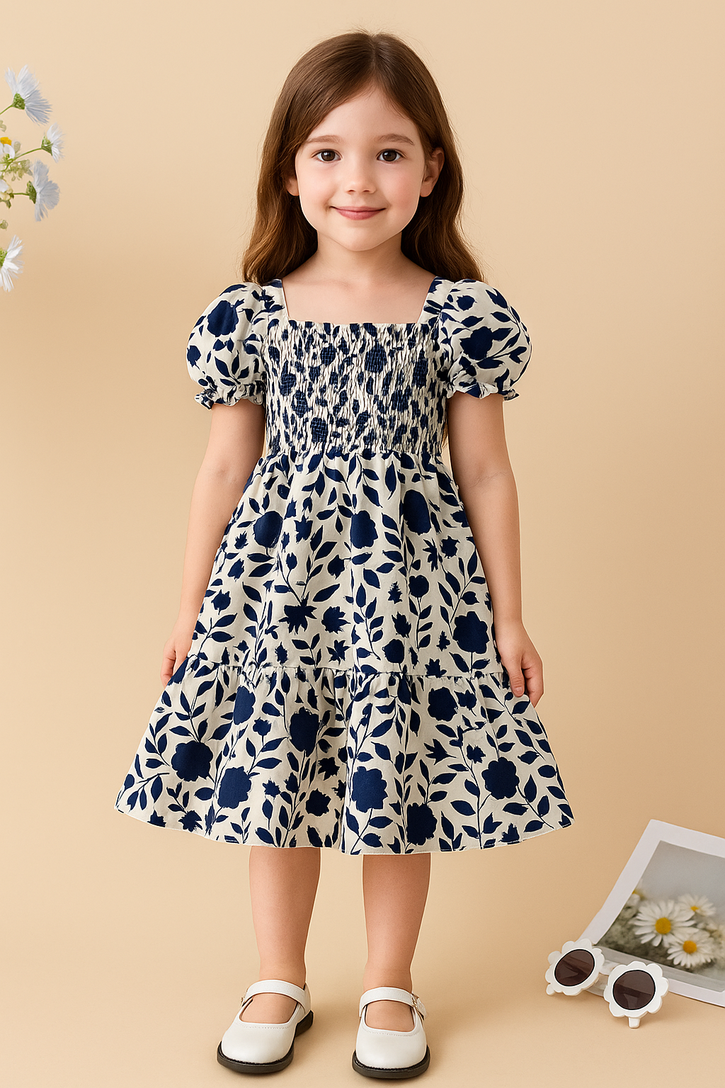 Mihas Navy Blue Floral Printed Short Sleeve Midi Kids Dress - Image 4