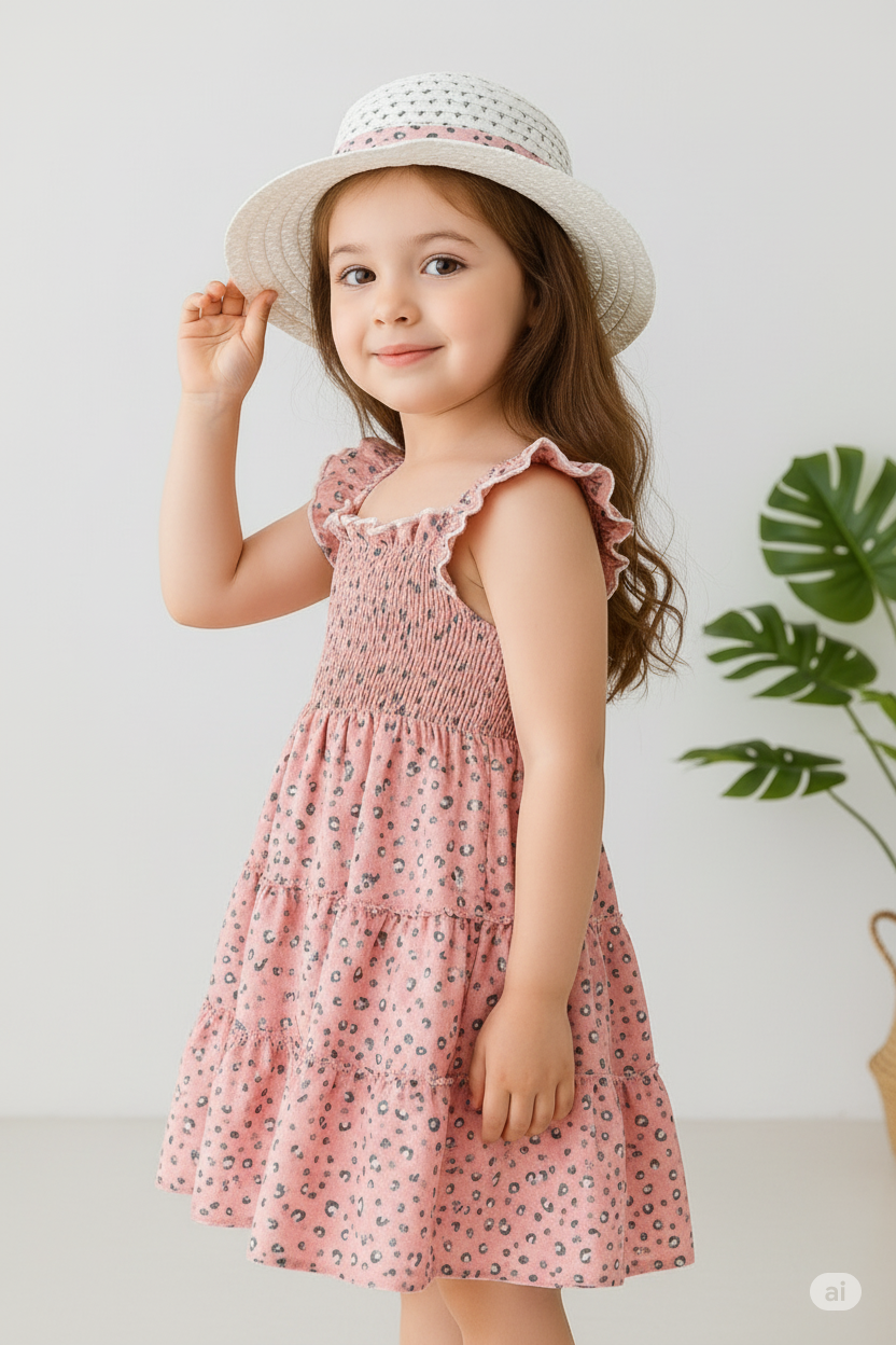 Mihas Pink Color Floral Printed Flared Sleeve Kids Baby Dress - Image 2