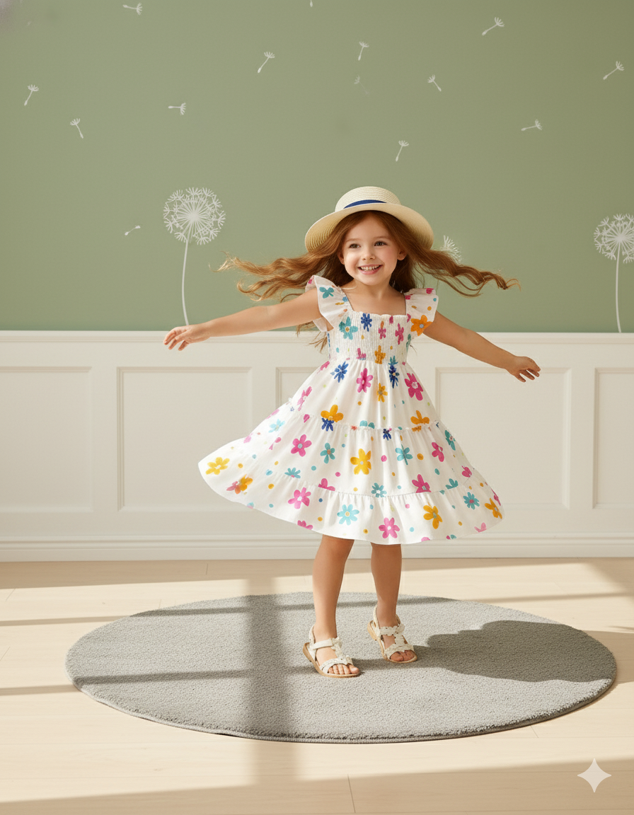 Mihas White Color Floral Printed Flared Sleeve Kids Baby Frock - Image 3