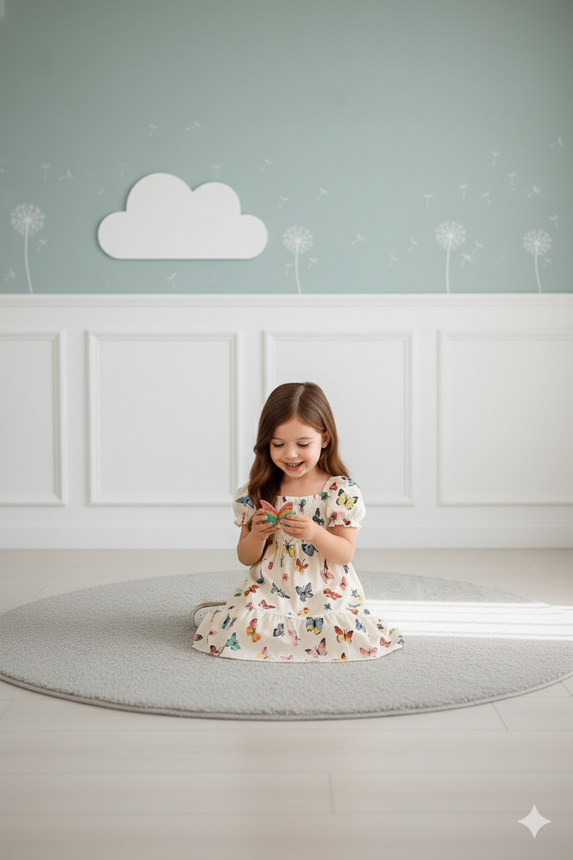 Mihas Off-White Color Butterfly Printed Short Sleeve Kids Dress - Image 3