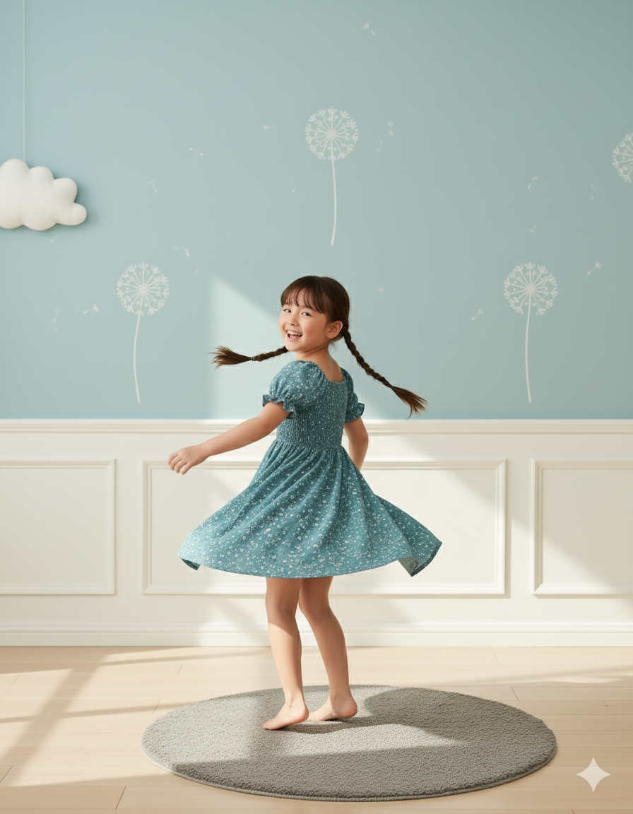 Mihas Rama Green Flower Printed Short Sleeve Girls Dress - Image 2