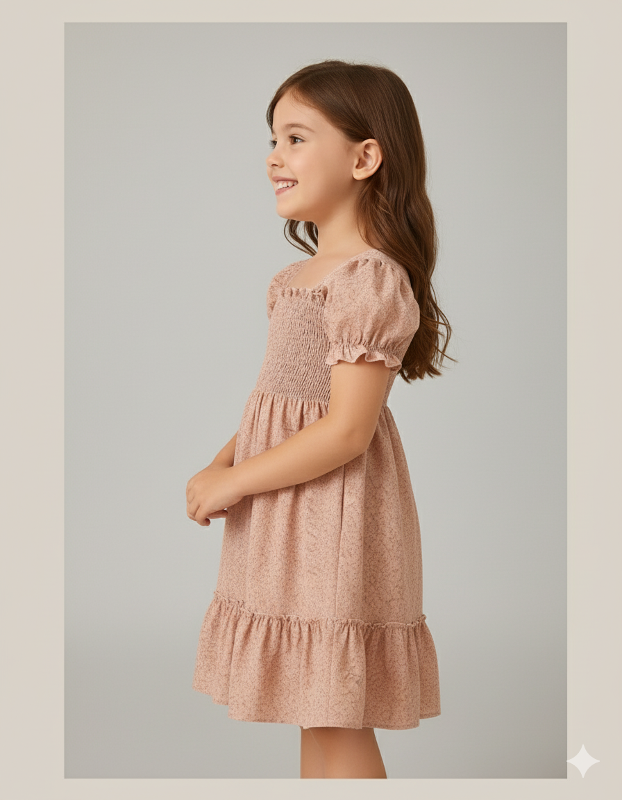 Mihas Cream Color Floral Printed Short Sleeve A-Line Girls Dress - Image 3