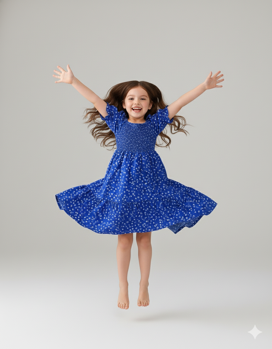 Mihas Blue Color Floral Printed Short Sleeve Midi Baby Dress - Image 3