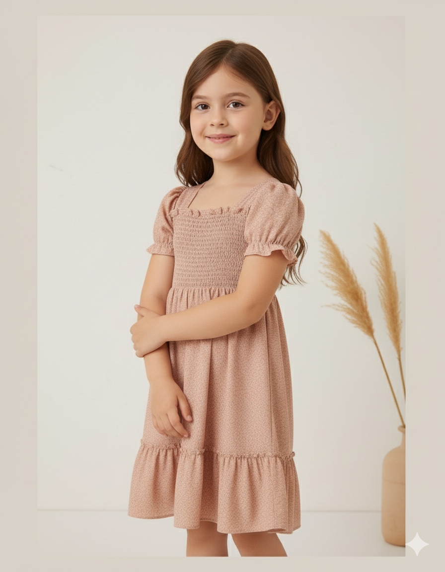 Mihas Cream Color Floral Printed Short Sleeve A-Line Girls Dress - Image 4