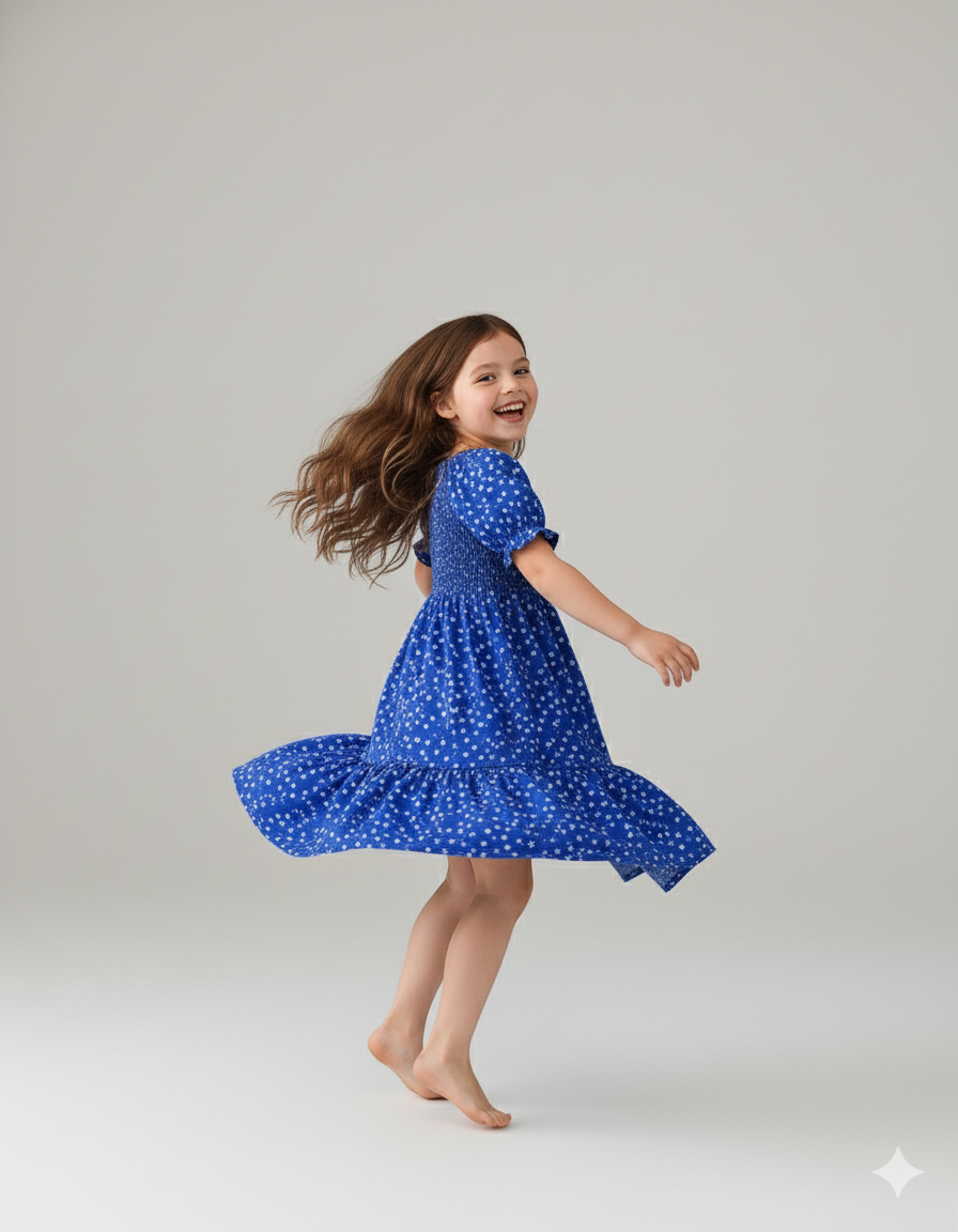 Mihas Blue Color Floral Printed Short Sleeve Midi Baby Dress - Image 4