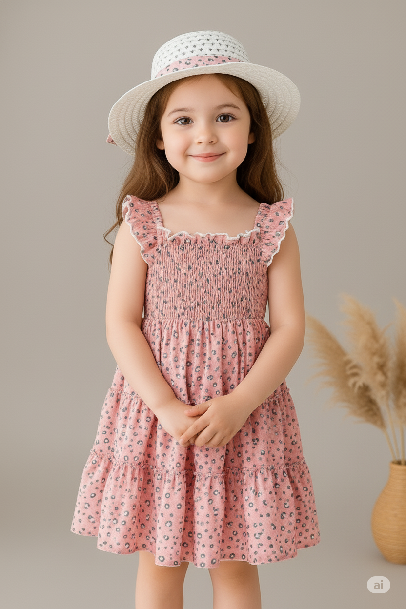 Mihas Pink Color Floral Printed Flared Sleeve Kids Baby Dress - Image 3