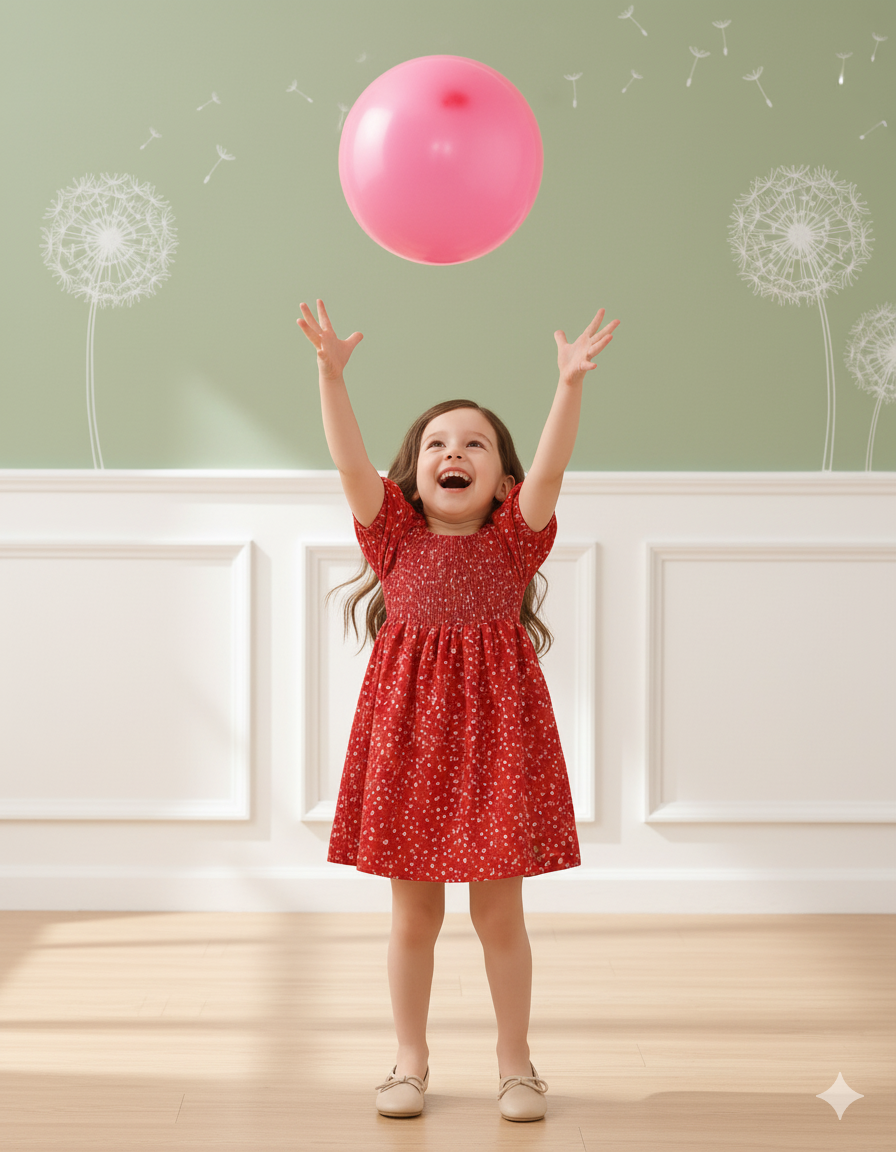 Mihas Red Color Floral Printed Short Sleeve Midi Girls Dress - Image 4