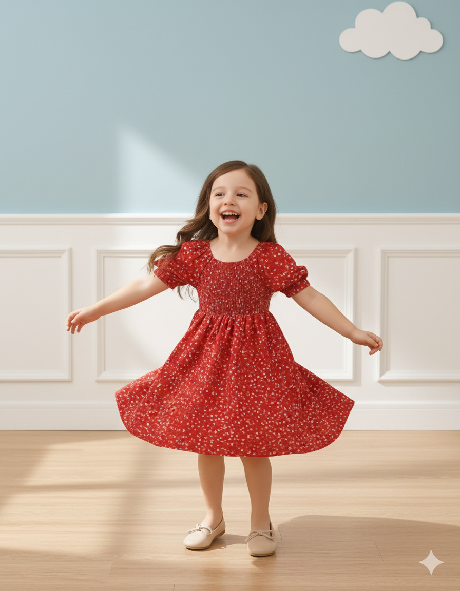 Mihas Red Color Floral Printed Short Sleeve Midi Girls Dress - Image 2