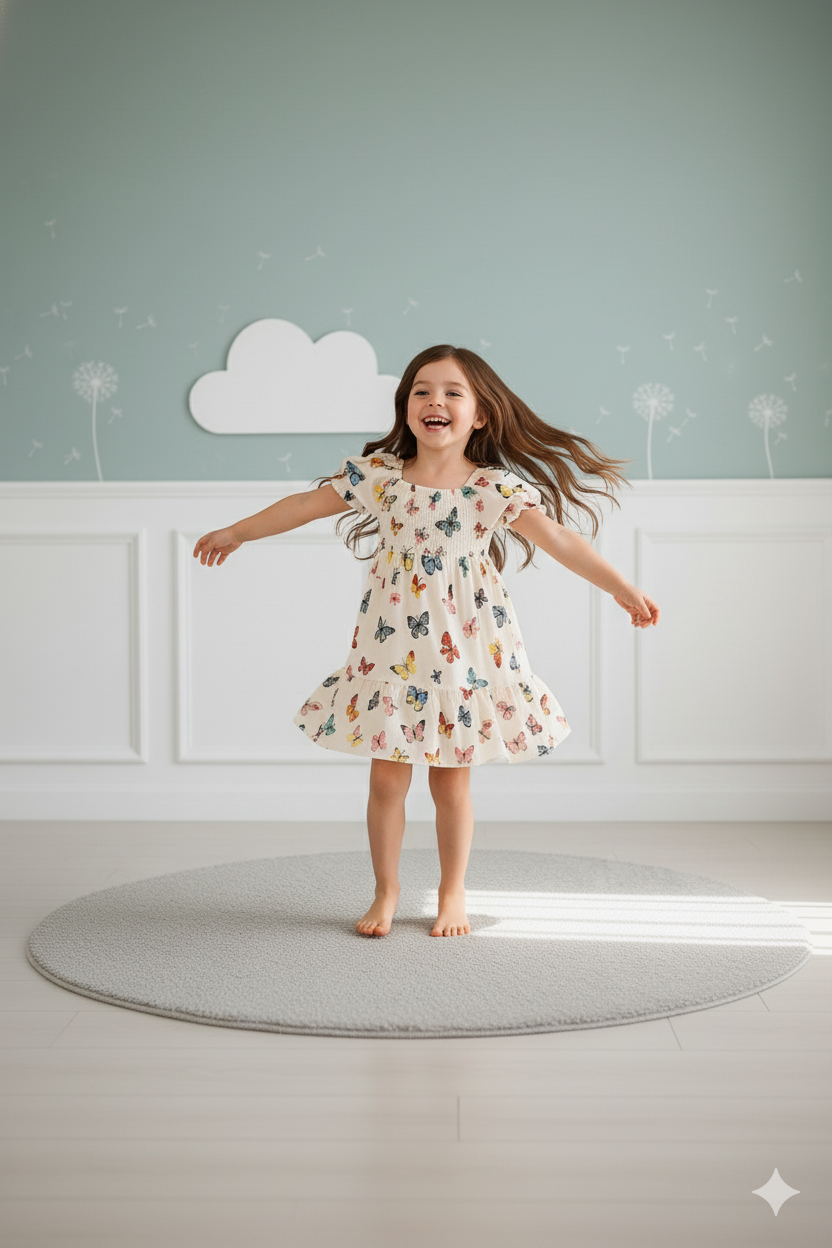 Mihas Off-White Color Butterfly Printed Short Sleeve Kids Dress - Image 4